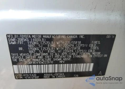 2014 Toyota Rav4 Limited z USA, uszkodzony, nr VIN 2T3DFREV1EW222610